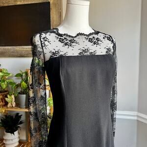 Vintage 90s Black Floral Lace Long Sleeve Elegant Dress Size Small